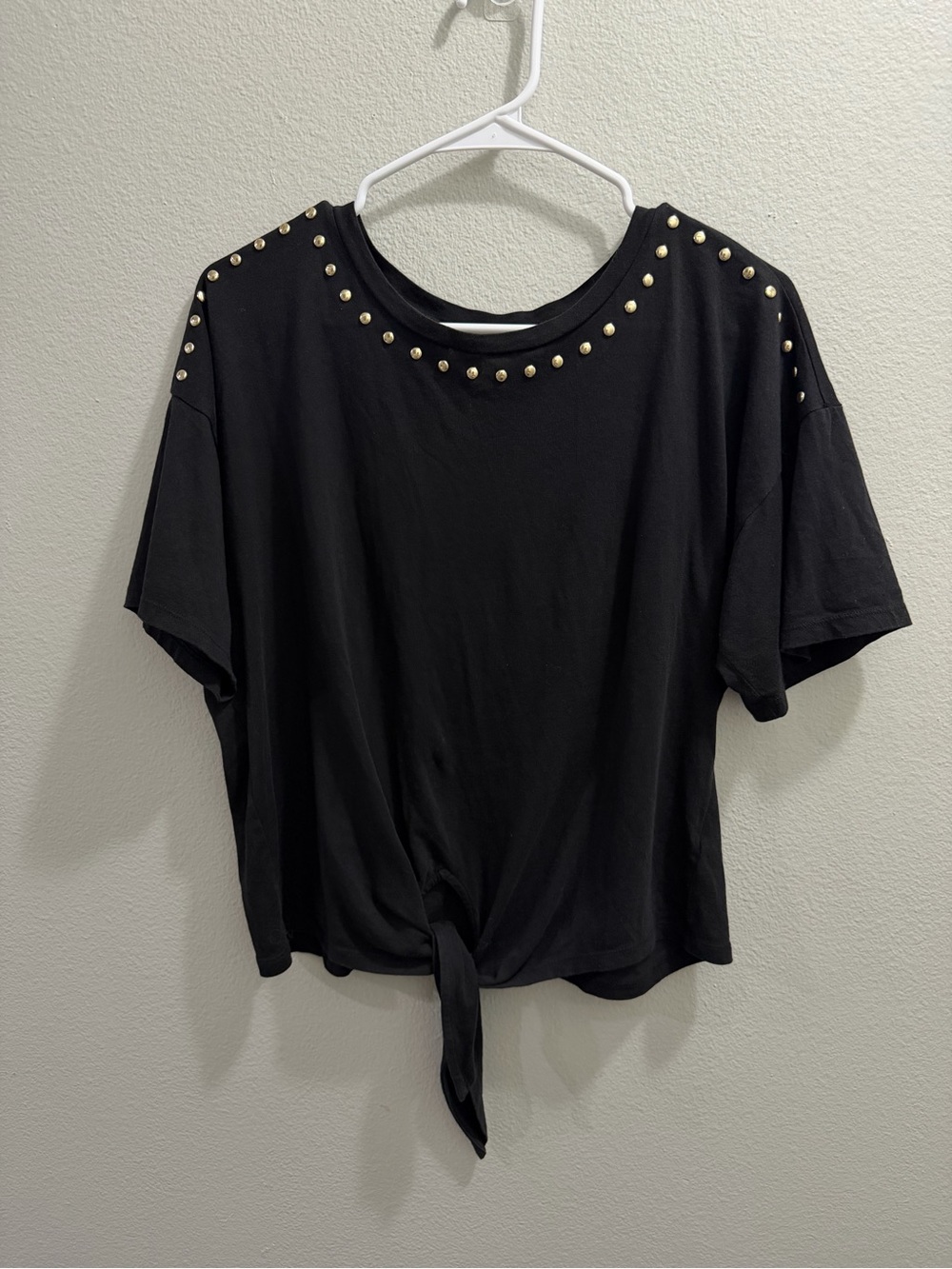MICHAEL Michael Kors Black Short-Sleeve Tie-Front Top with Gold Studs